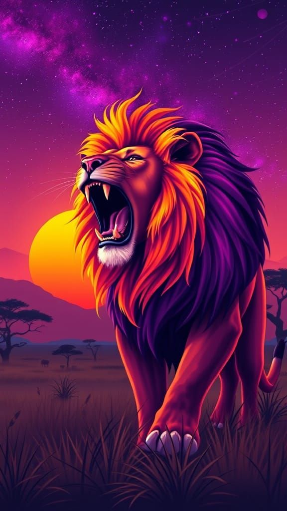 Surreal Lion King in Vibrant Cosmic Savanna