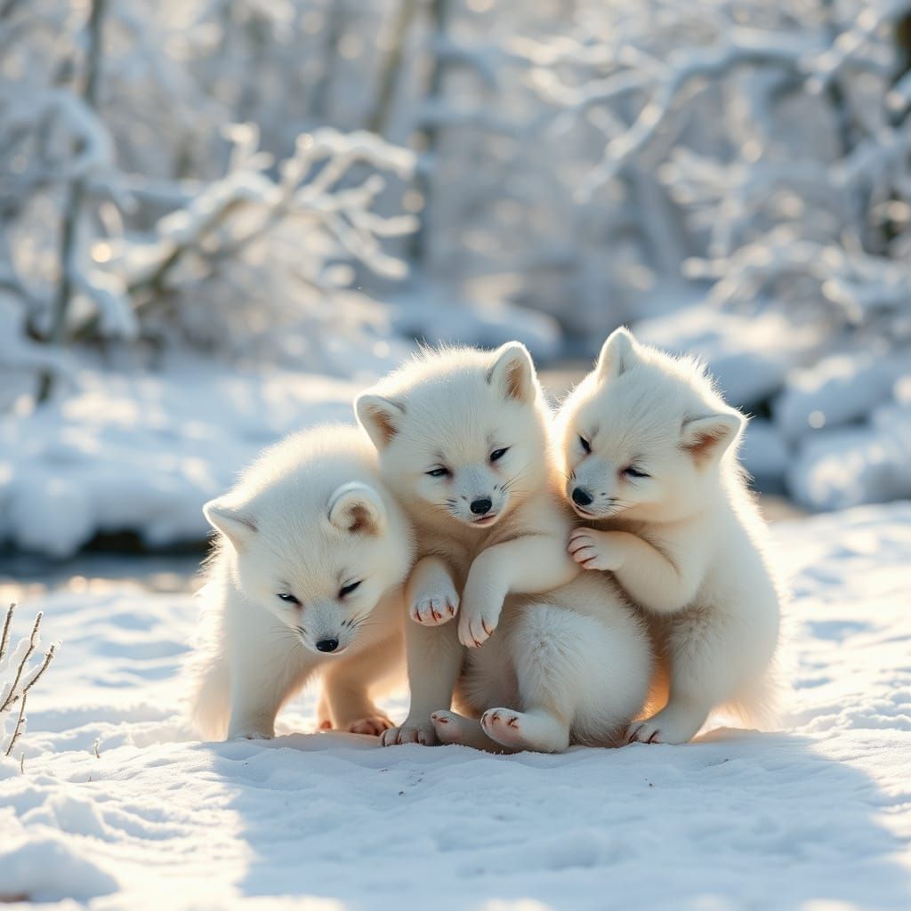 Arctic Fox Puppies Play in Snowy Field