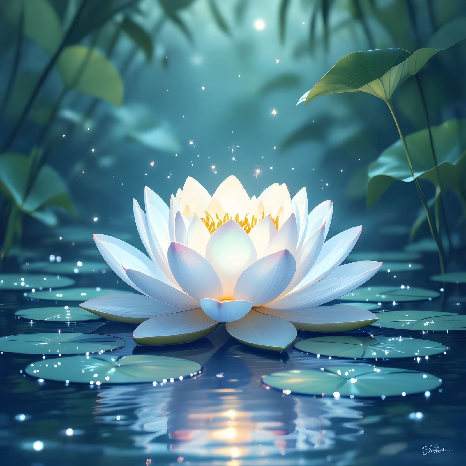 Bioluminescent Lotus in Grotto: Impressionist Fantasy