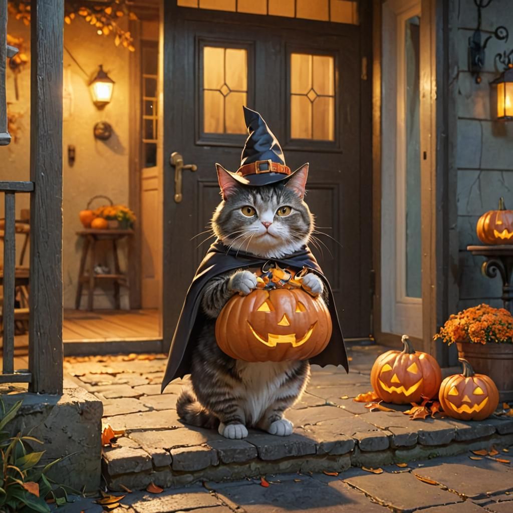 Anime Cat Witch on Halloween Night