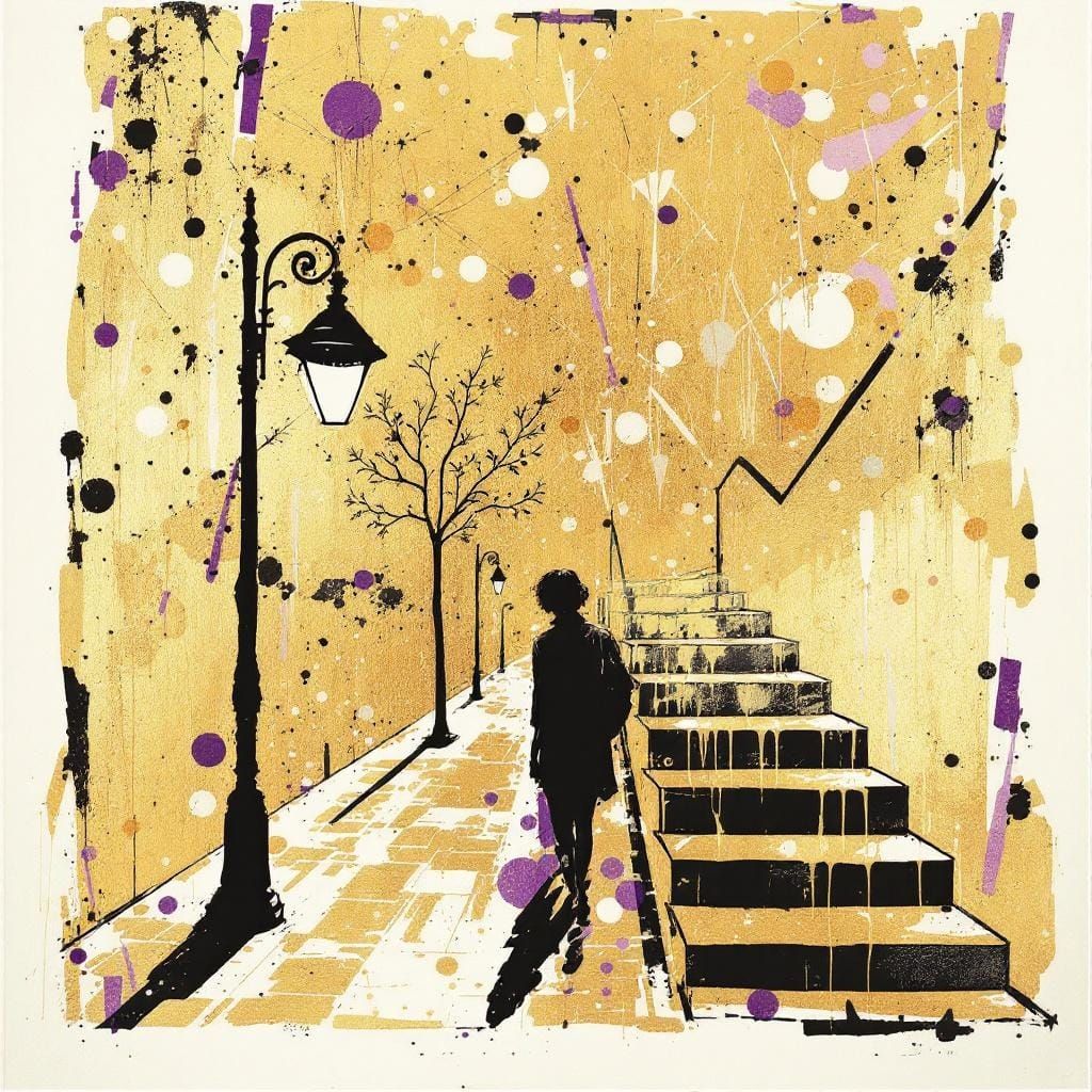 Figure Walking Down Street in Mixed Media Style