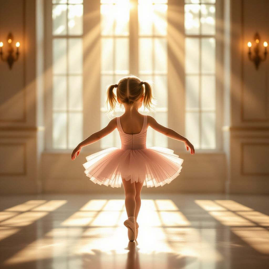 Graceful Girl Dances in Sunlit Ballroom