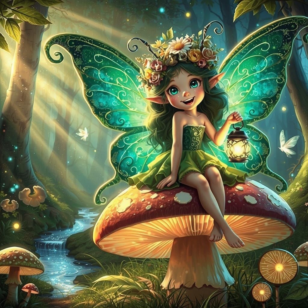 A playful fairy with vibrant emerald green wings, perched on...