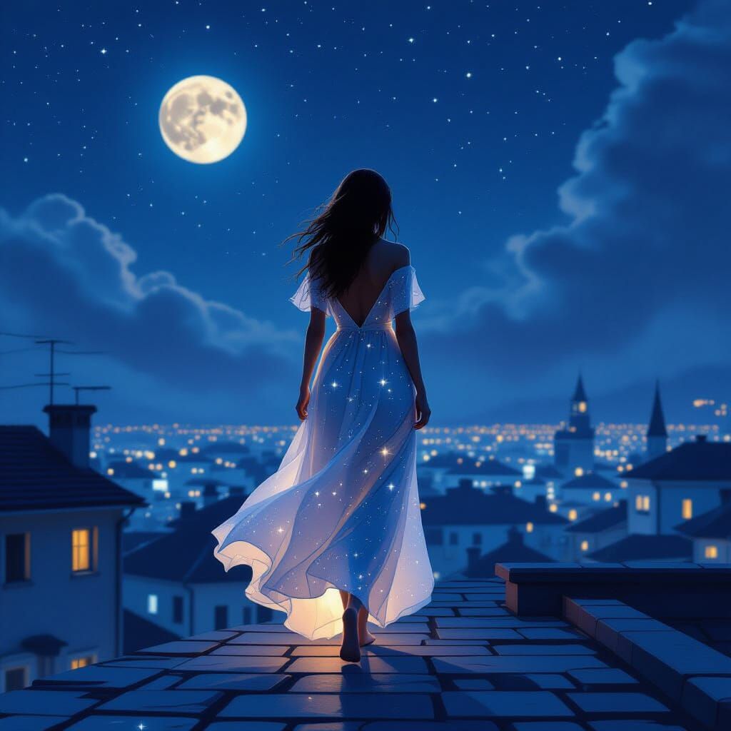 Ethereal Woman Walks on Rooftops at Midnight