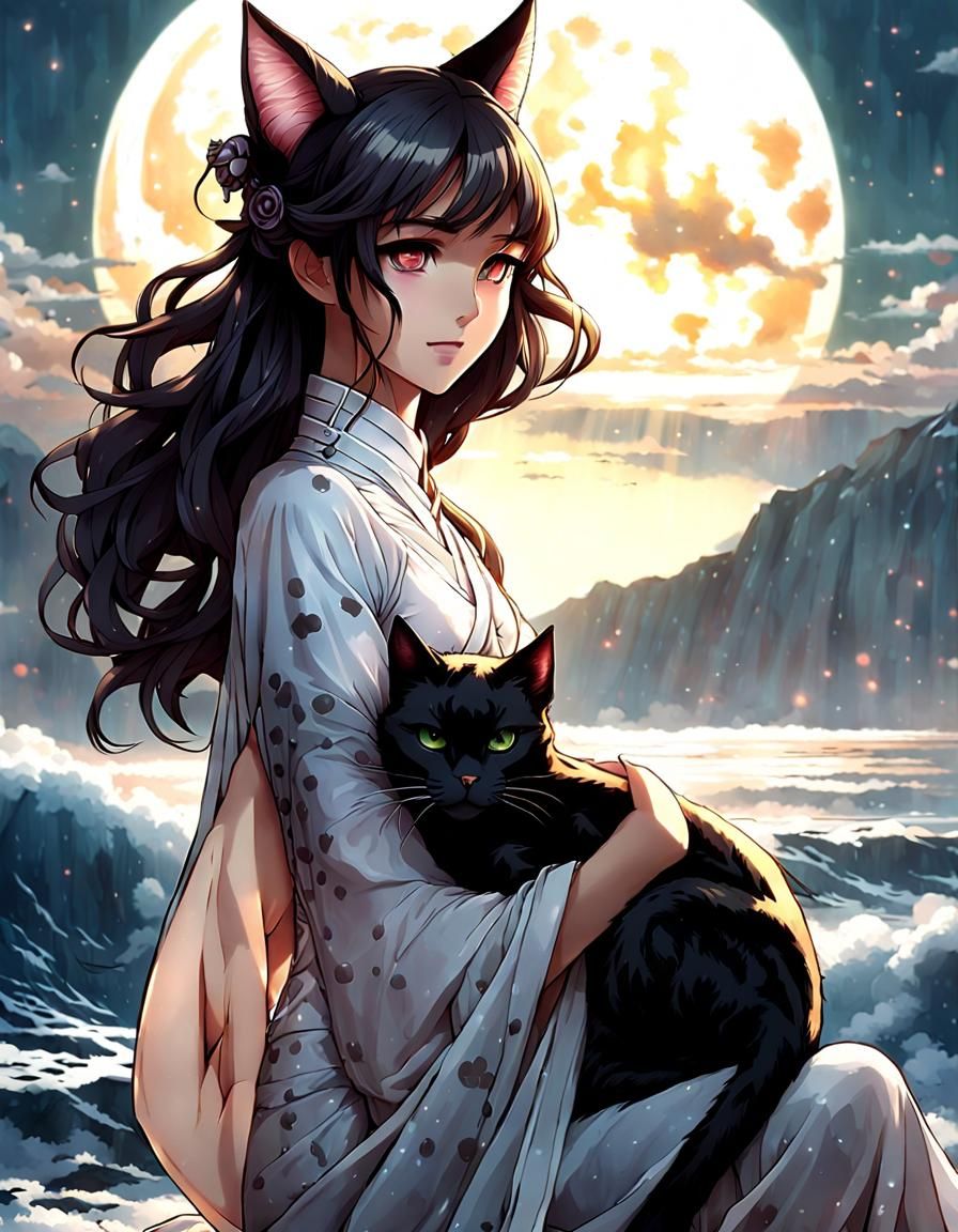 Anime Girl with Cat Ears in Fantasy Seascape