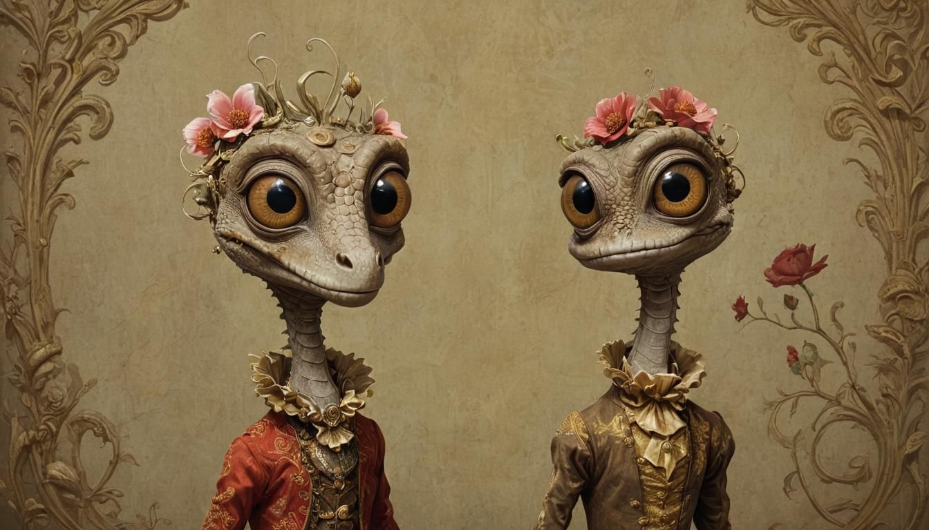Lizard Head Creatures in Rococo Surrealism Style