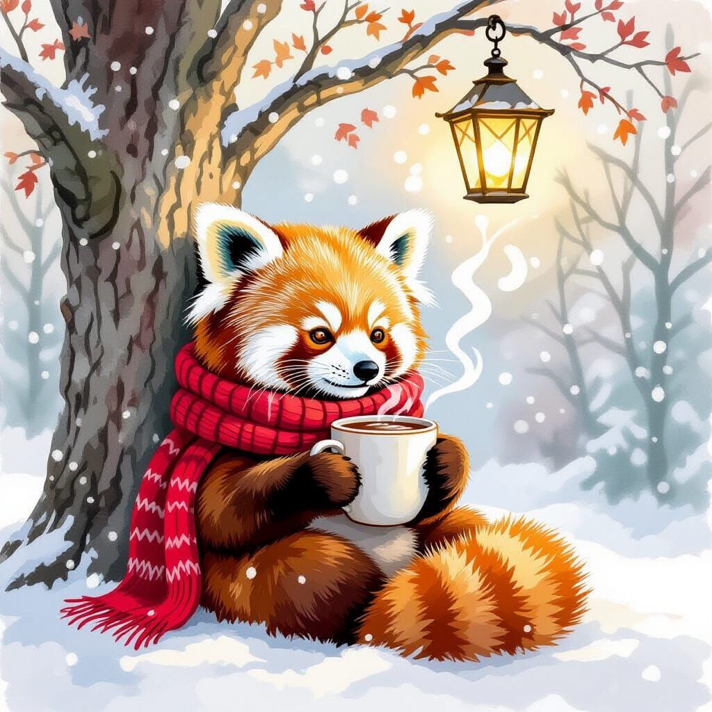 Red Panda Enjoys Hot Cocoa Under Snowy Oak Tree