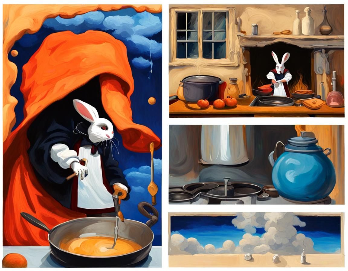 Pierrot Rabbit Cooks in Witch's Kitchen Oil Painting