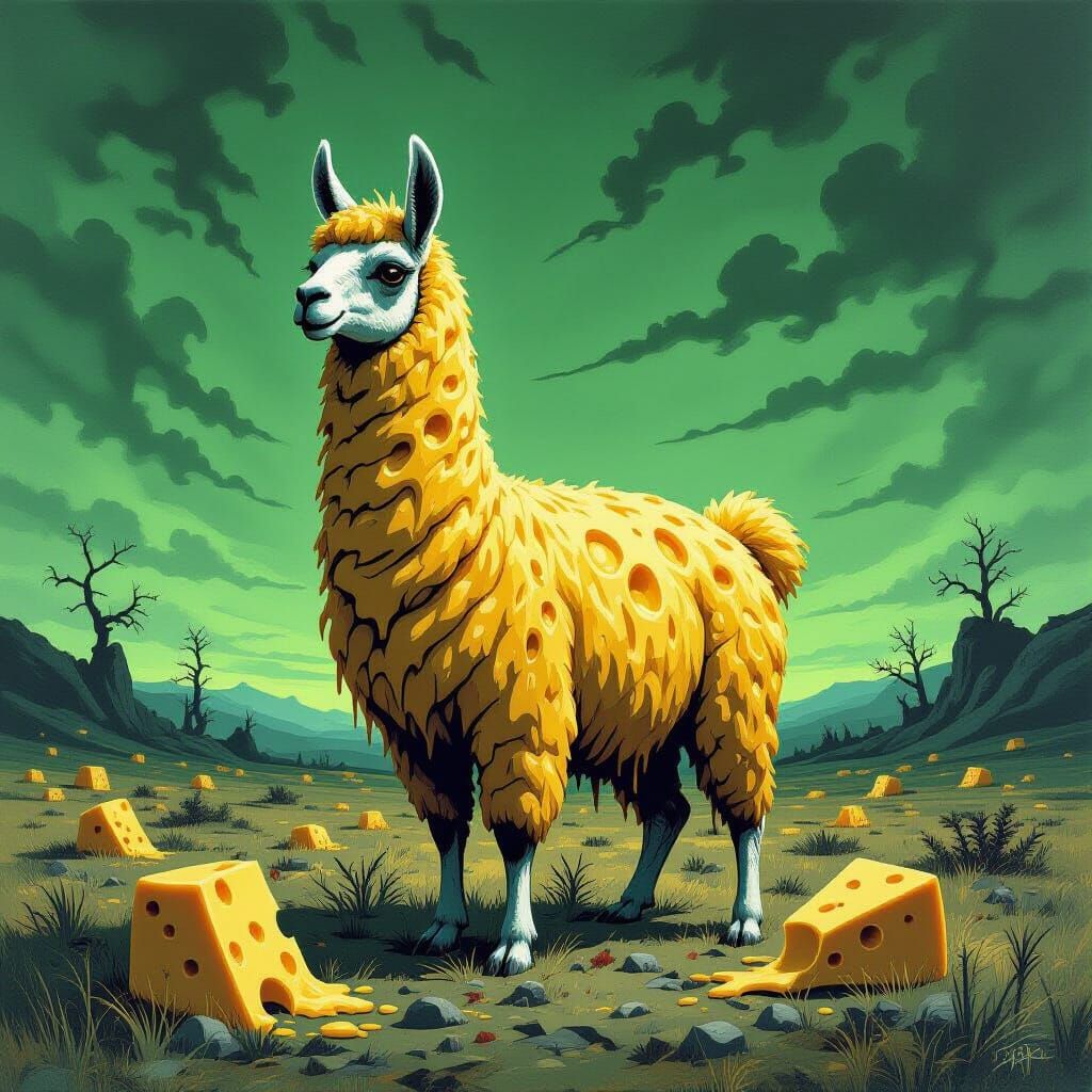 Grotesque Llama-Cheese Fusion in Desolate Meadow