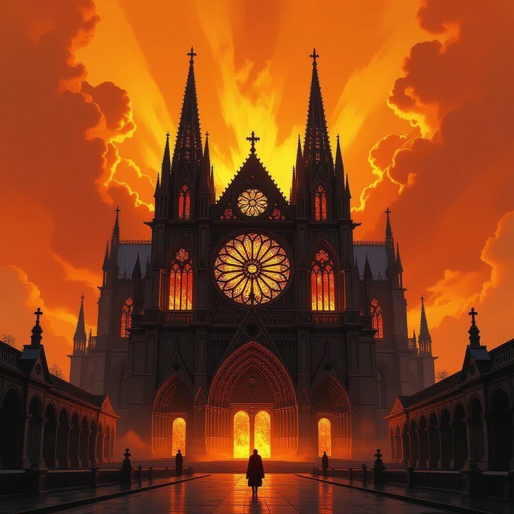 Inferno Engulfs Gothic Cathedral in Surreal Style