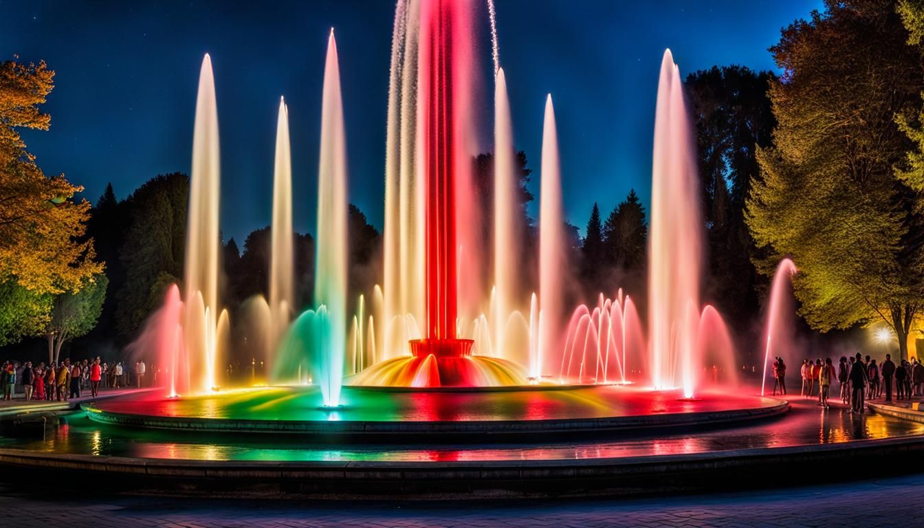 Colorful Fountain at Night in Retrofuturistic Style