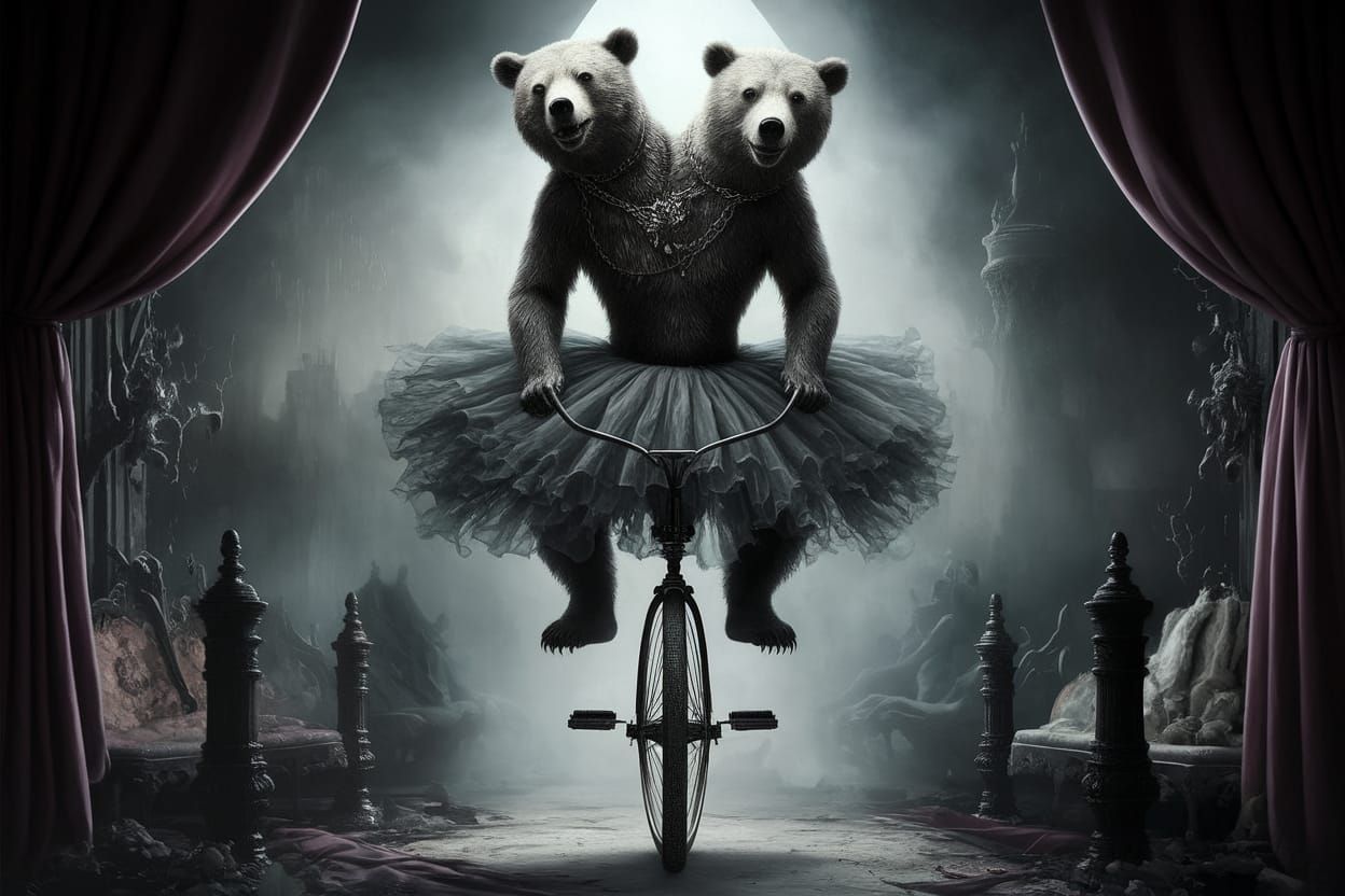 Gothic Unicycle Bear in Dark Circus Setting
