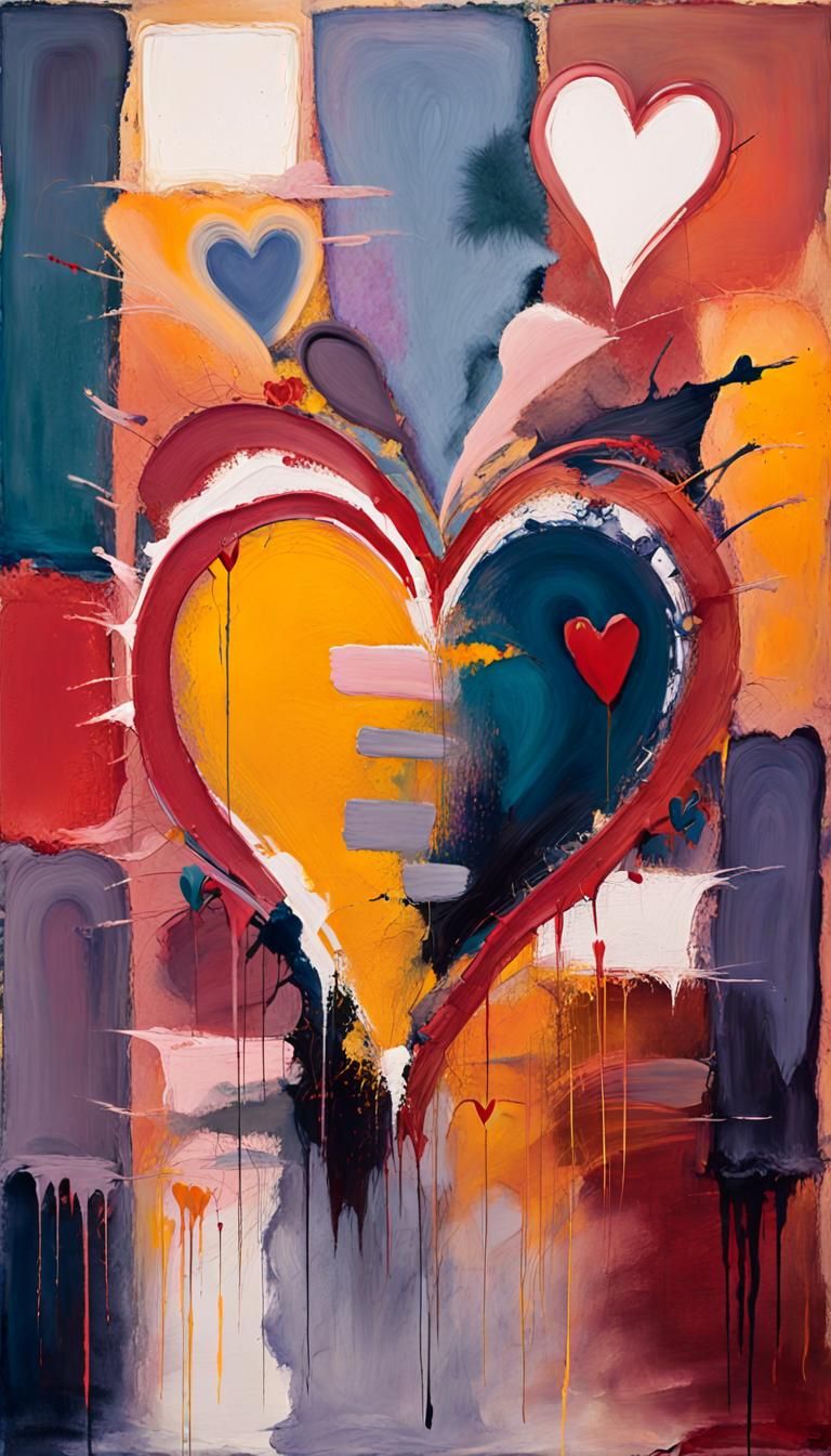 Expressive hearts in thick, textured acrylic paint dance on a dynamic watercolor background. Impasto strokes and loose, ...