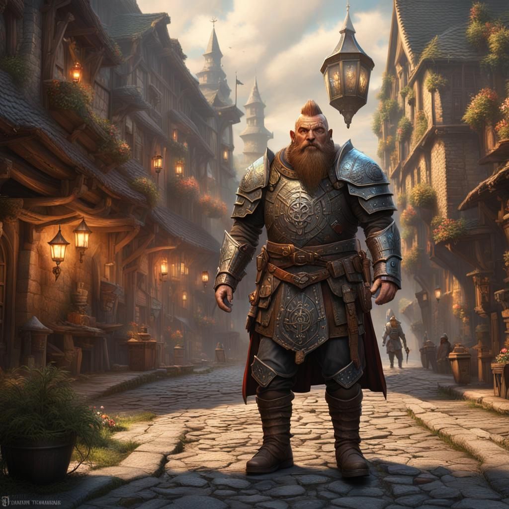 D&D Dwarf Warrior in Medieval City, Detailed Matte Painting