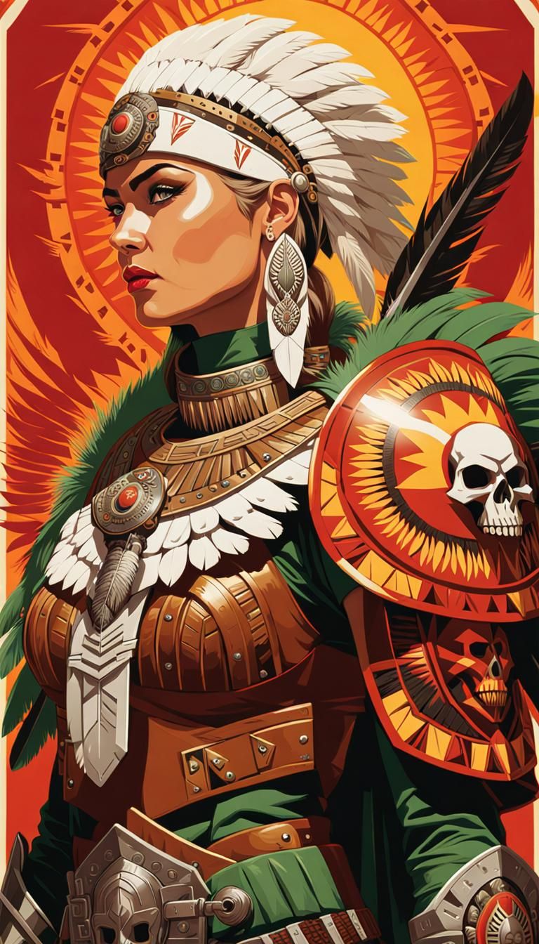 Aztec Warrior Woman with Flaming Sword in Dieselpunk Style