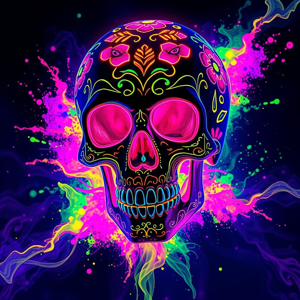 Surreal Neon Skull in Day of the Dead Style
