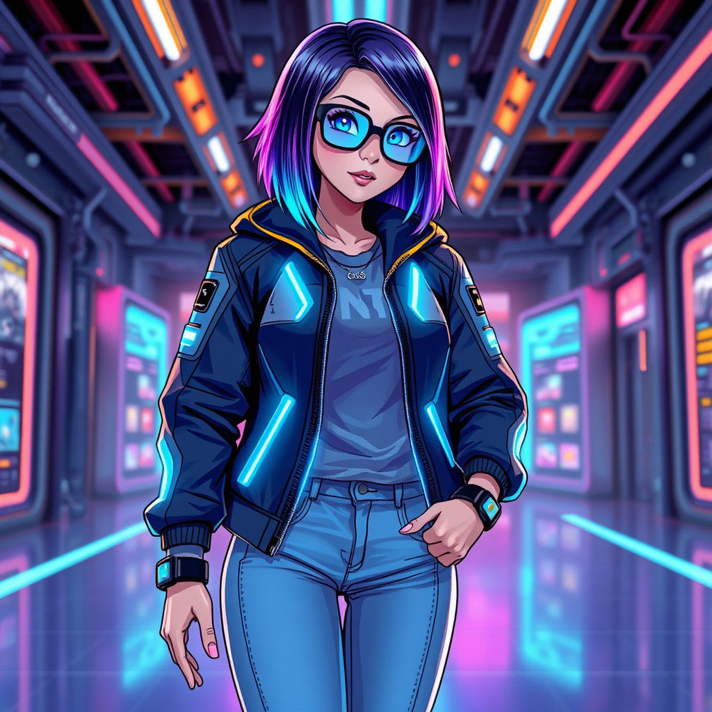 Futuristic Digital Maven in Neon-Lit Environment
