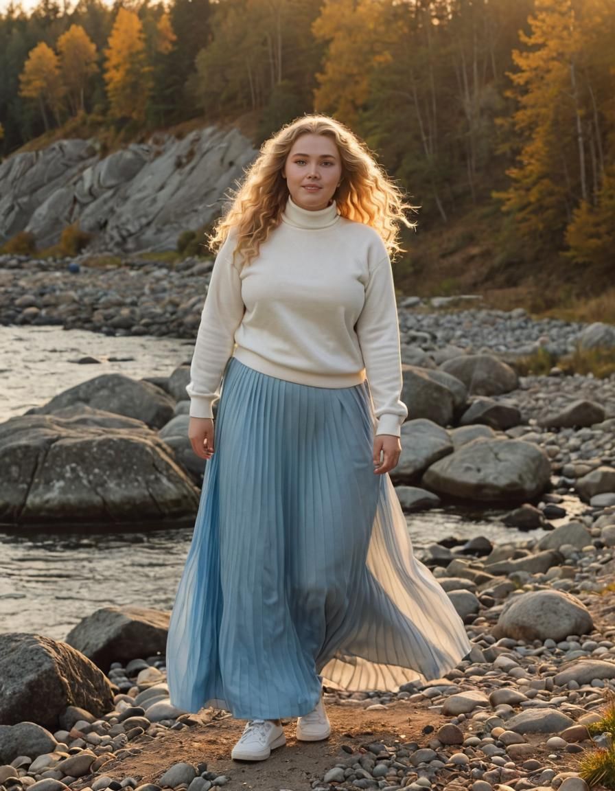 Plus Size Woman Posing at Riverbank Sunset