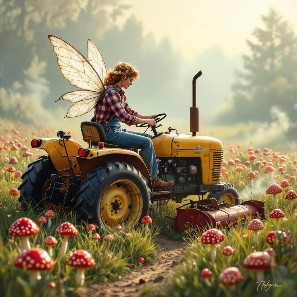 Winged Fairy on Tractor in Toadstool Field