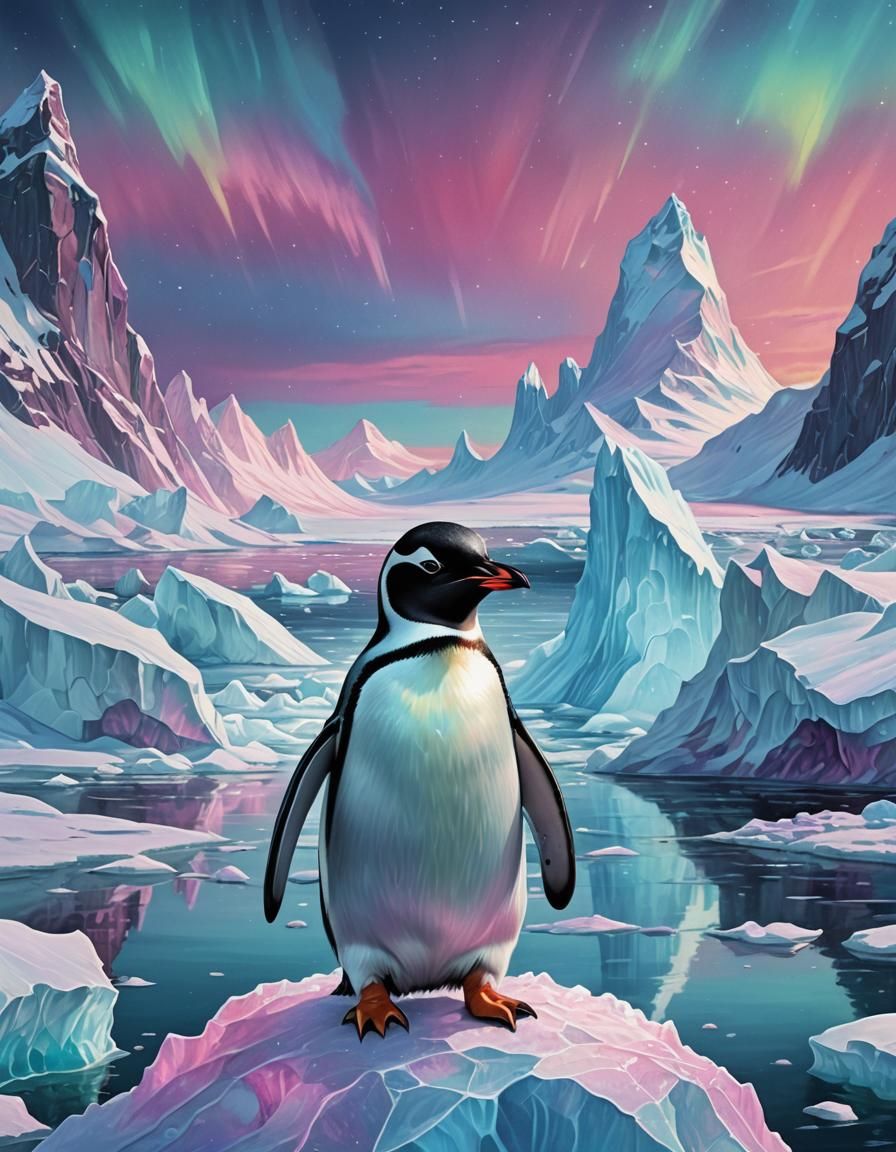 Penguin Waddling in North Pole Iceberg Landscape