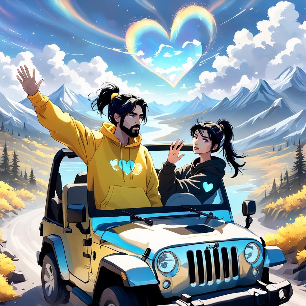 Couple in Mountain Jeep: Cosmic Mixed Media Art