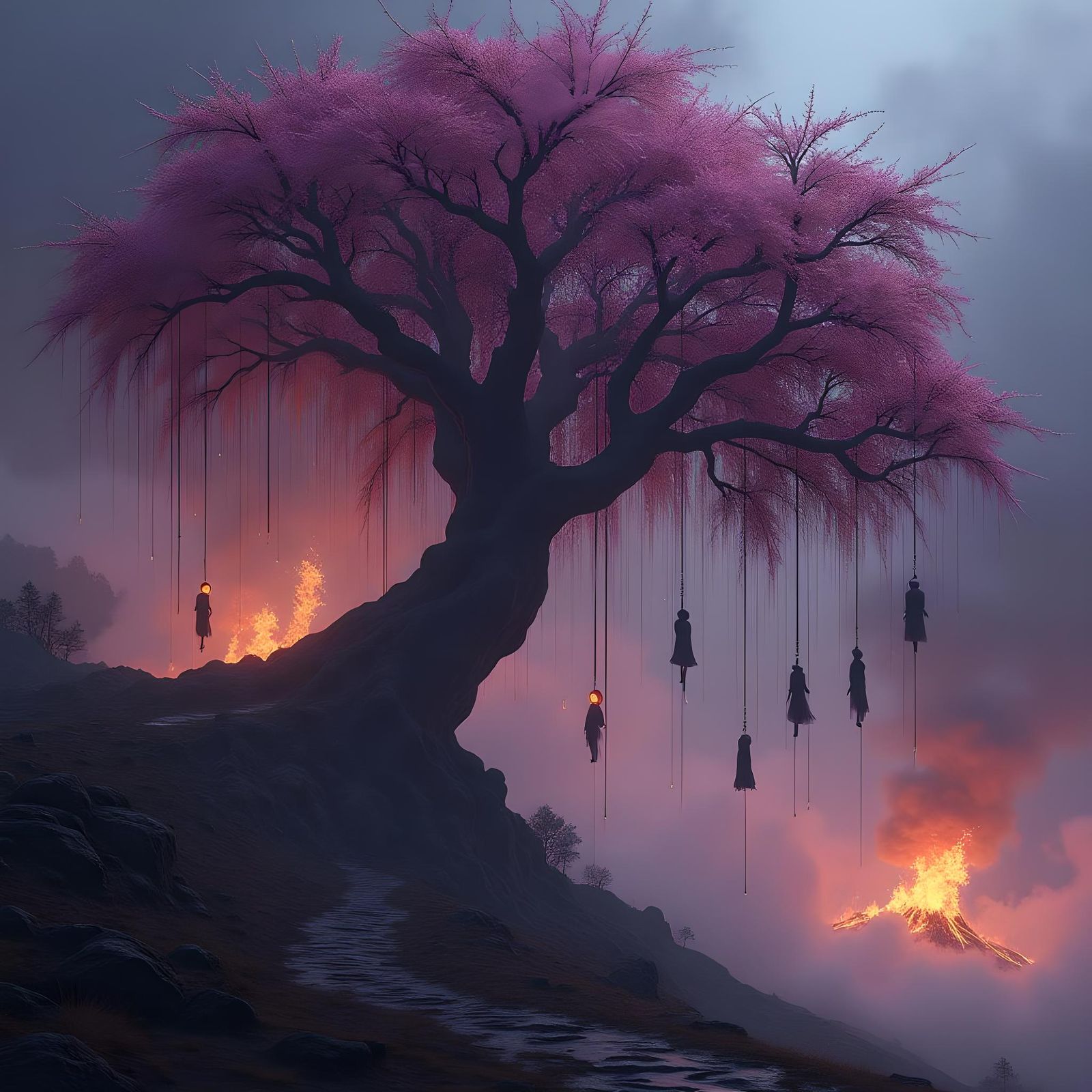 Dark Fantasy Willow Tree with Fire and Cadavers