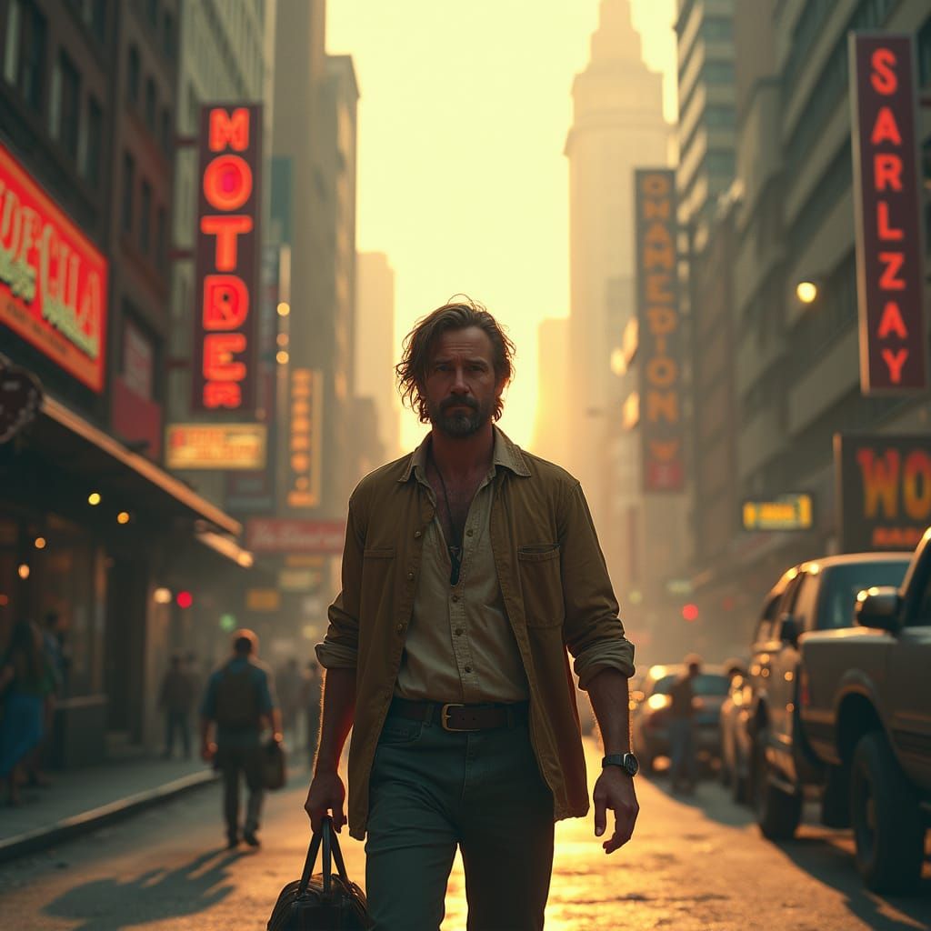 Warm golden hour light, moody style, Ghost in the Shell anime depicting a weary, handsome traveler with weathered featur...