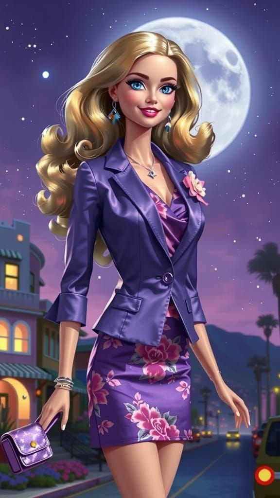 Barbie in Whimsical Purple Attire Under a Full Moon
