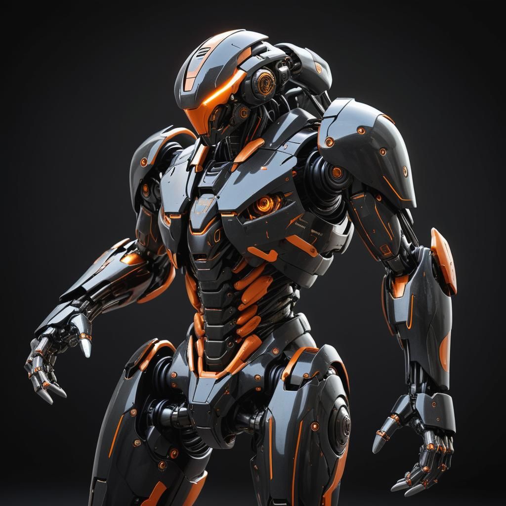 Sleek Black and Orange Biomechanical Humanoid Mech