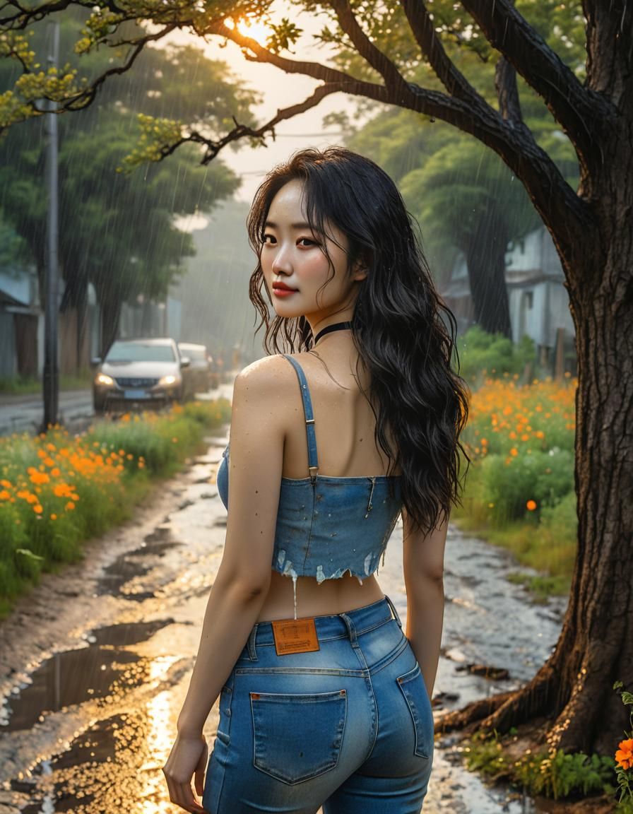 Korean Woman in Rainy Watercolor Cityscape