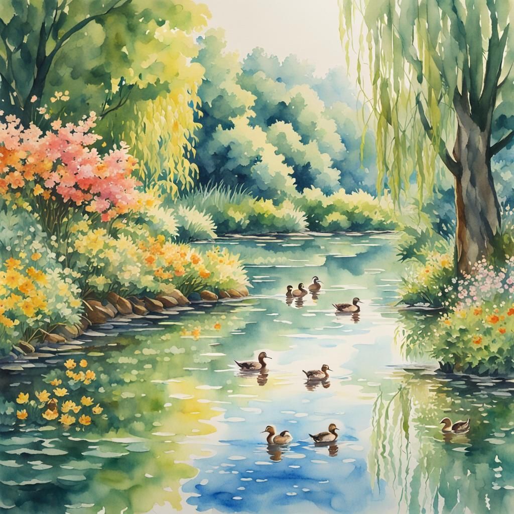 Ducks and Ducklings in Watercolor Ghibli Style