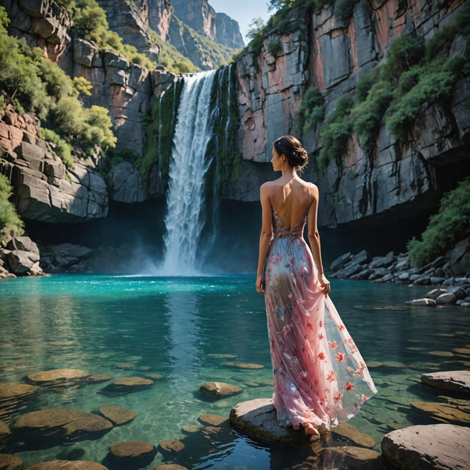 Woman in Floral Gown by Waterfall, Fantasy Art