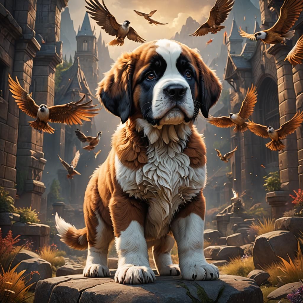 Phoenix Saint Bernard Puppy in Detailed Digital Art