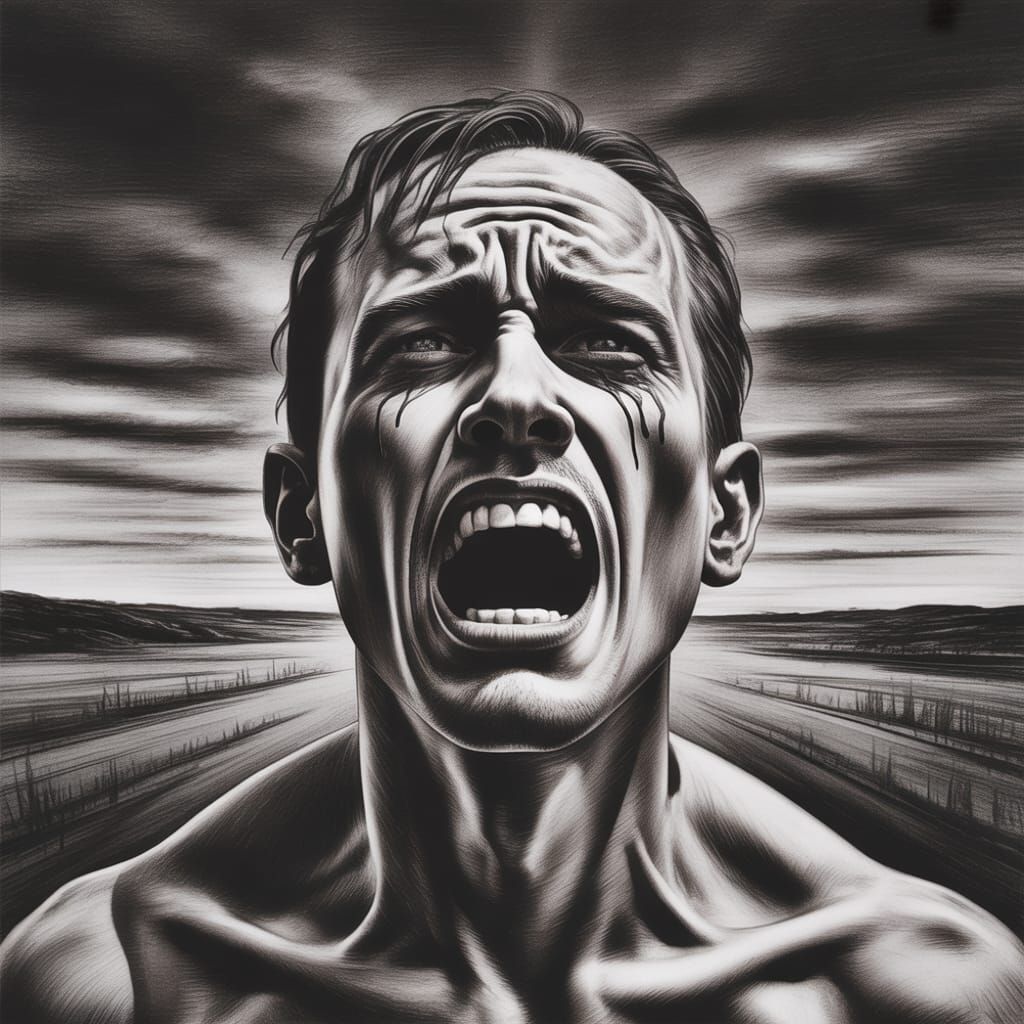 Charcoal Drawing of a Man's Silent Scream