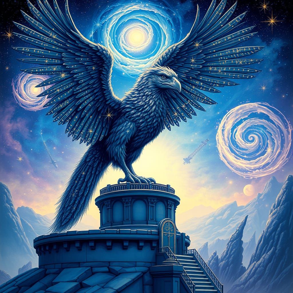 Stardust Griffin Gazing at Galaxies in Ethereal Light