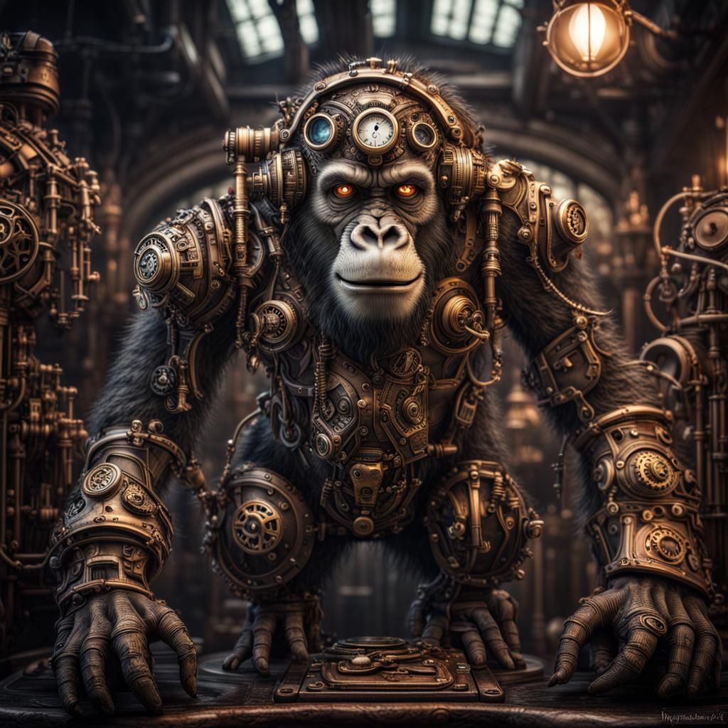 Steampunk Elemental Ape in Hyperrealistic Style