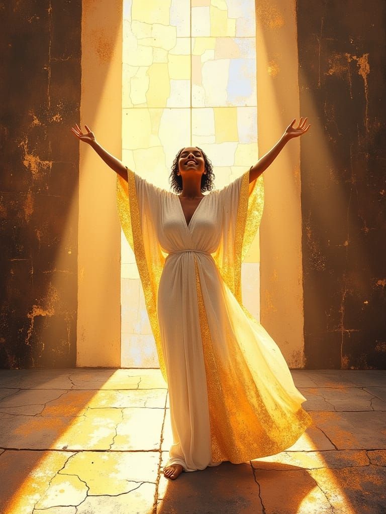 Radiant Woman in Sunlit Church, Digital Painting