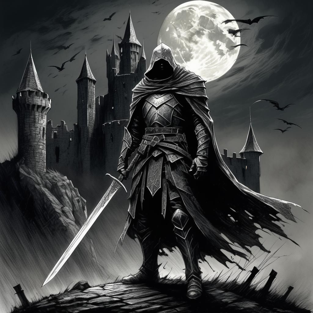 Mysterious Warrior in Dark Fantasy Landscape