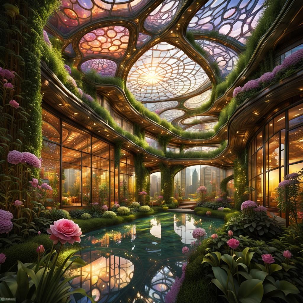 Futuristic Garden City at Sunset in Fractal Art Style