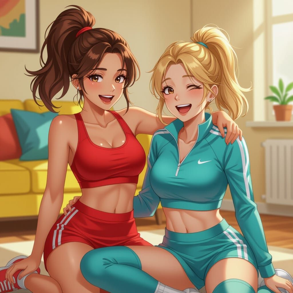 Friends Laughing in Sporty Outfits 3D Anime Art