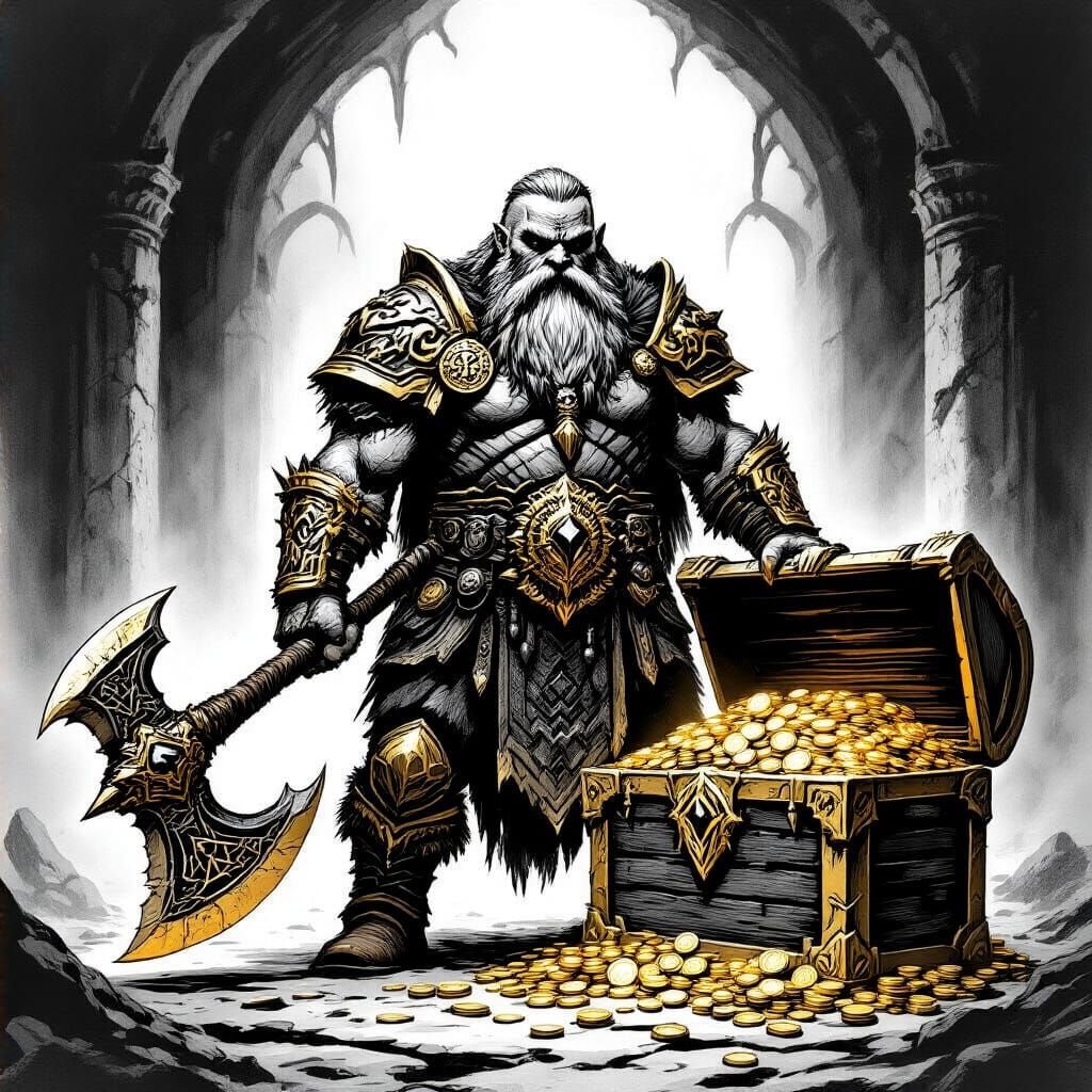 Dwarven Prince Guarding Treasure in Pen and Ink
