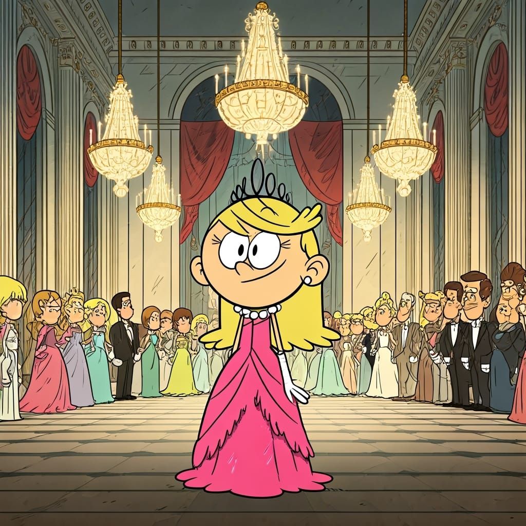 Picture Lola Loud from The Loud House as a royal fairy, attending a grand ball in a crystal palace filled with chandelie...