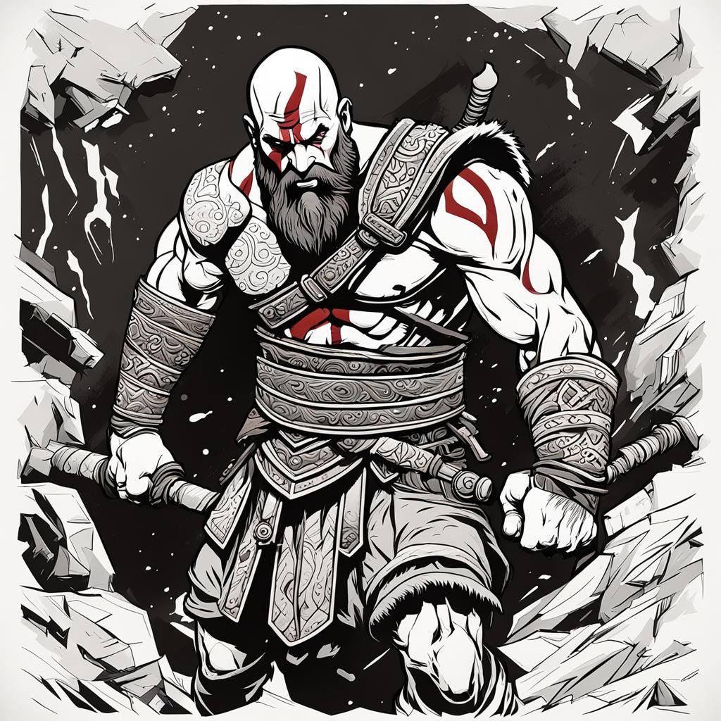 Kratos God of War Illustration in Cel-Shading Style