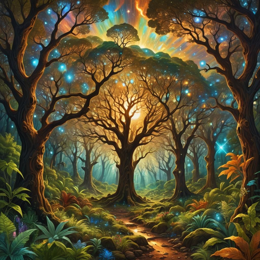 Lush Forest Valley in Holographic Astral Illustration