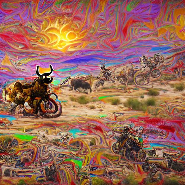 Psychedelic Minotaur Motorcycle Ride at Sunset