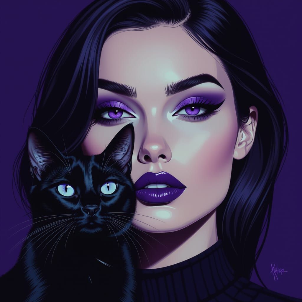 Woman and Black Cat in Hyperrealistic Style