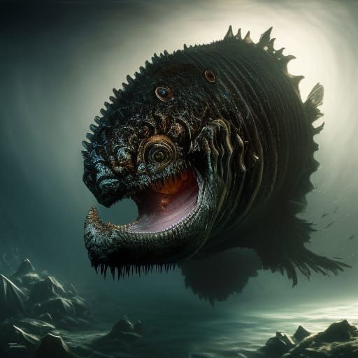 Ominous Anglerfish in Deep Sea Gouache Style