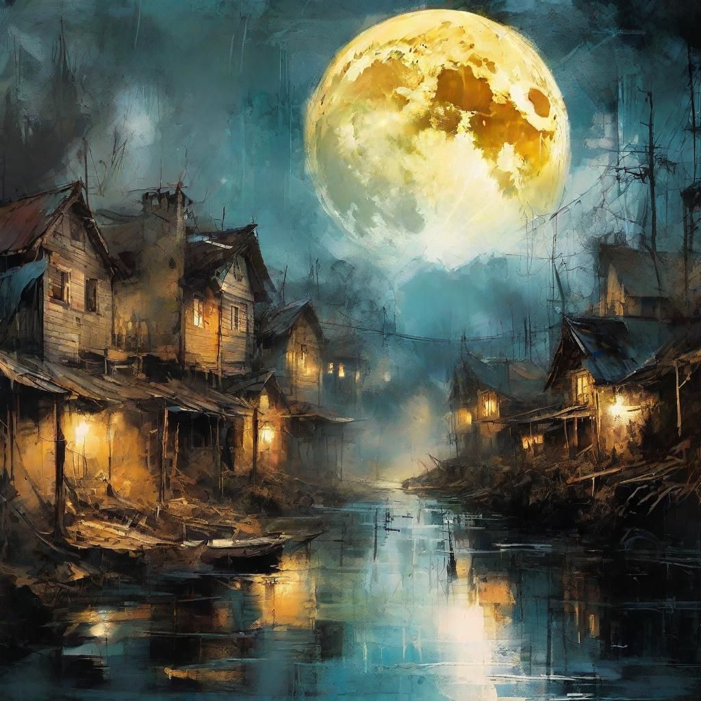Fantasy River Village Under Gigantic Moon