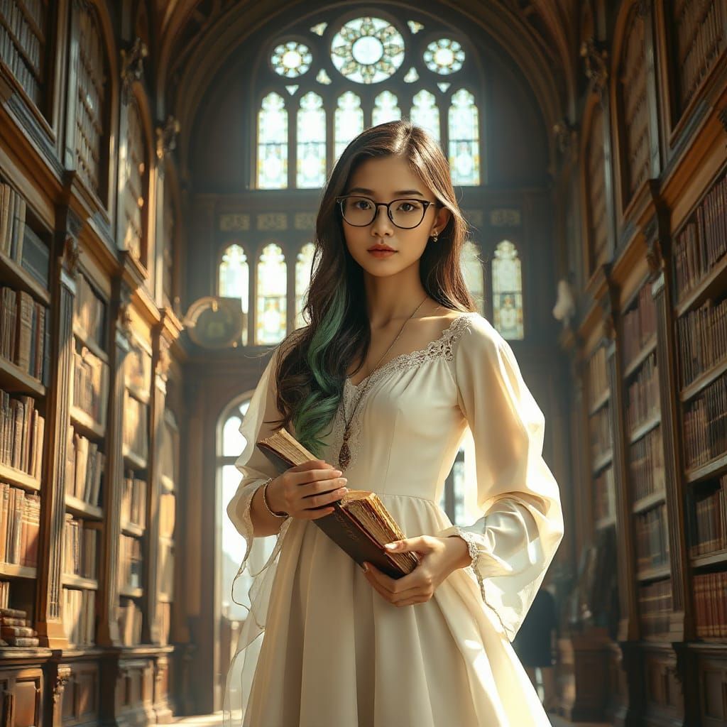Elegant Woman in Library, Art Nouveau Style