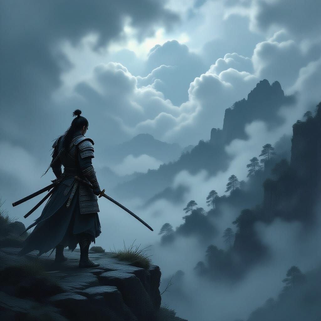 Samurai Warrior on Cliff Overlooking Misty Forest in Dark Fa...